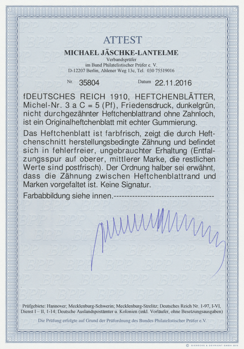 * Deutsches Reich - Markenheftchenblätter: 1910, 5 Pf Grün Germania-Friedensdruck Heftchenblatt, Obere - Carnets