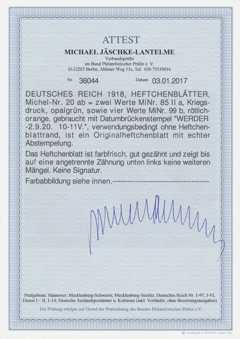 O Deutsches Reich - Markenheftchenblätter: 1918 - 1919, 7½ Und 5 Pf Germania Im Heftchenblatt Ohne Ran - Postzegelboekjes