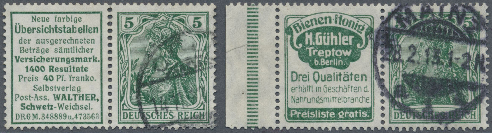 O Deutsches Reich - Zusammendrucke: 1911, Reklame "Übersichtstabellen" + 5 Pfg. Germania, Waagerechter - Se-Tenant