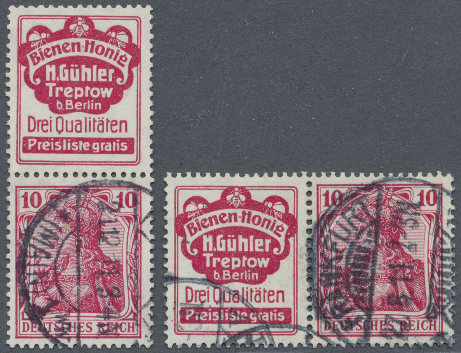 O Deutsches Reich - Zusammendrucke: 1911 - 1912, Germania 10 Pf. Mit R2 &bdquo;Bienen-Honig H.Gühler&rdquo;, Waage - Se-Tenant