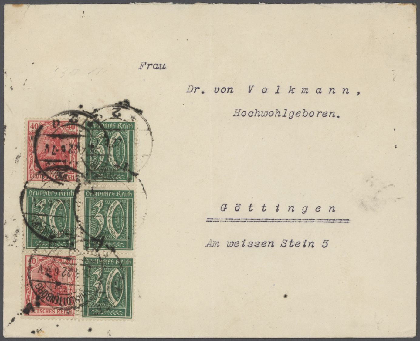 Br Deutsches Reich - Zusammendrucke: 1921, 40 Pfg. Germania + 30 Pfg. Ziffer + 40 Pfg. Germania, Senkre - Se-Tenant