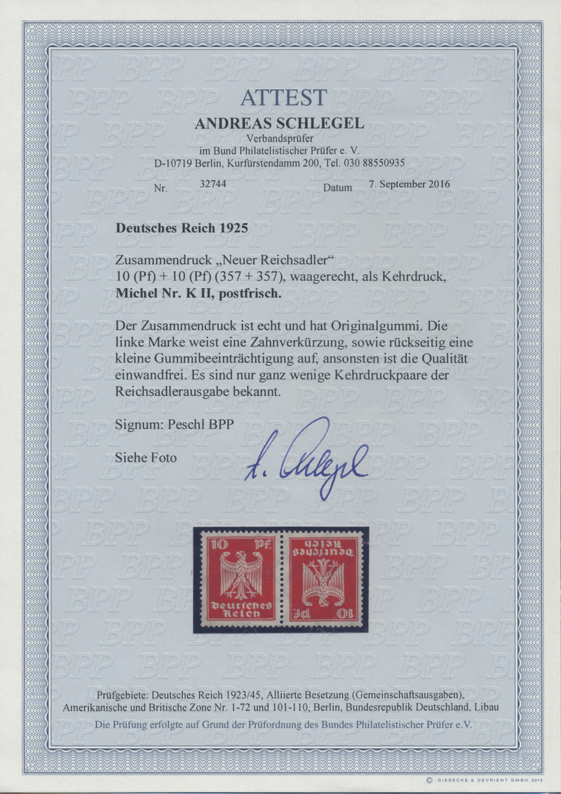 ** Deutsches Reich - Zusammendrucke: 1925, Deutsches Reich 10 + 10 Pfg. Reichsadler Orangerot Im KEHRDR - Se-Tenant