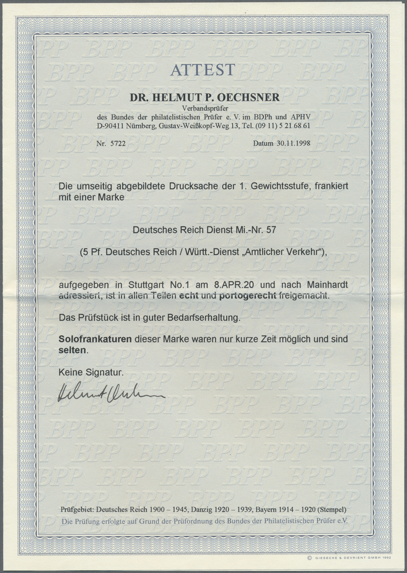 Br Deutsches Reich - Dienstmarken: 1920, 5 Pfg. Grün, Als Einzelfrankatur Auf Drucksache (Streifband Fü - Service