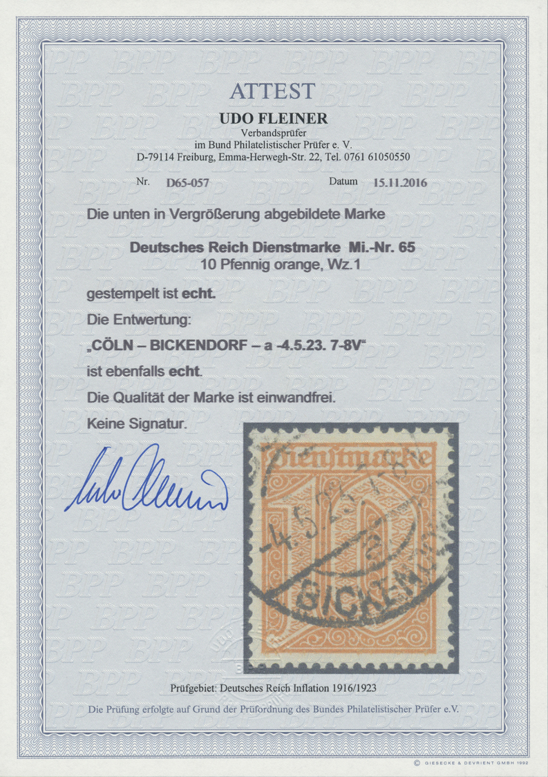 O Deutsches Reich - Dienstmarken: 1921, 10 Pfg. Orange, Sauber Gestempelt, Pracht, Fotoattest Fleiner - Officials