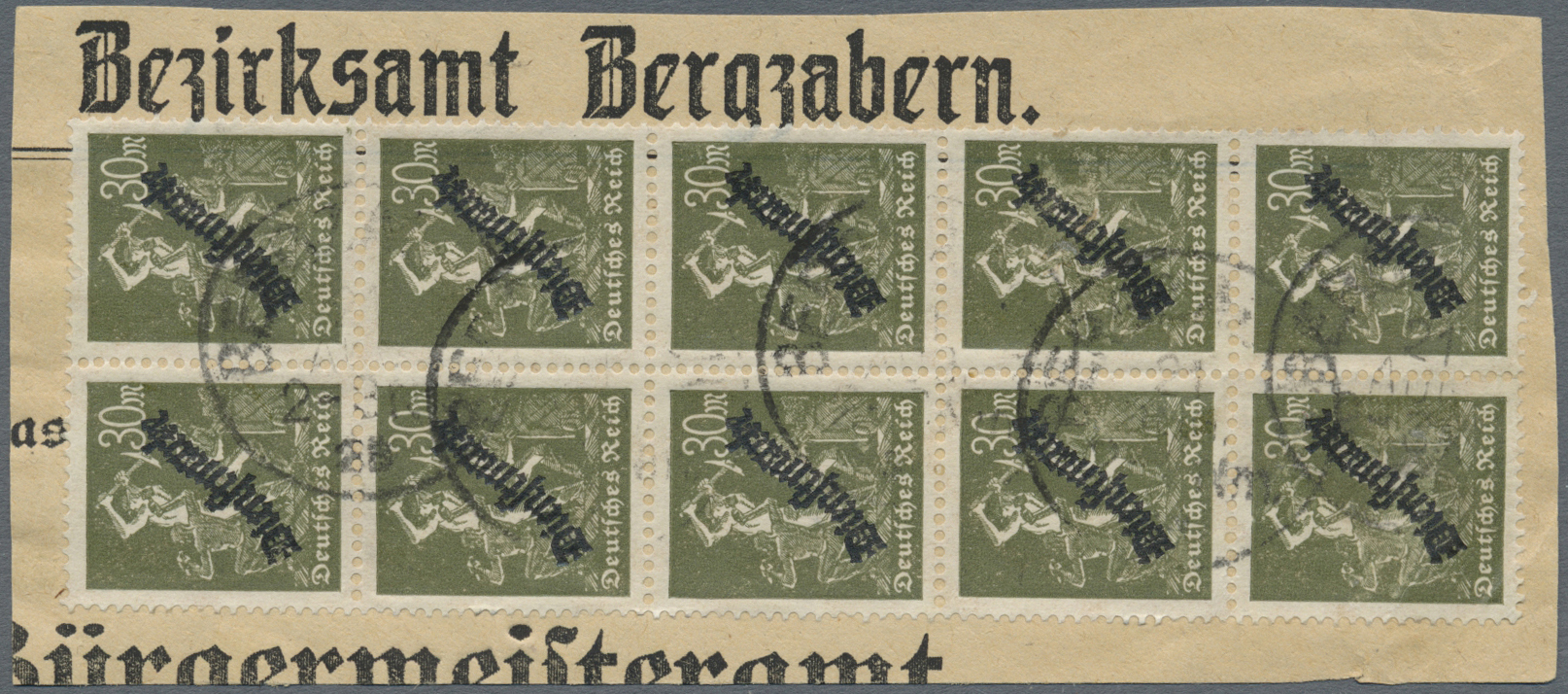 O/Brfst Deutsches Reich - Dienstmarken: 1923, 30 Mark Schlangenaufdruck, Senkr. Zehnerblock Mit 5 X K1 BERGZ - Officials