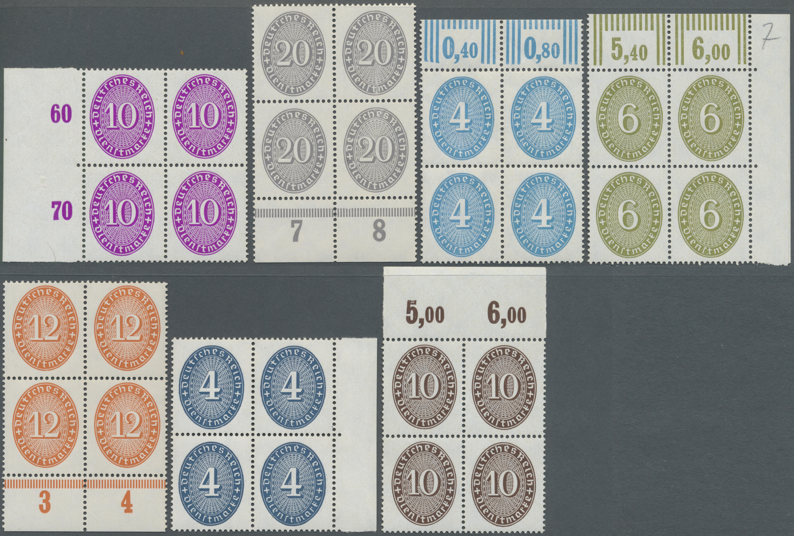** Deutsches Reich - Dienstmarken: 1927/1933, 3 Pf Ocker Bis 10 Pf Siena (ohne 120/22) Je Im 4er-Block - Service