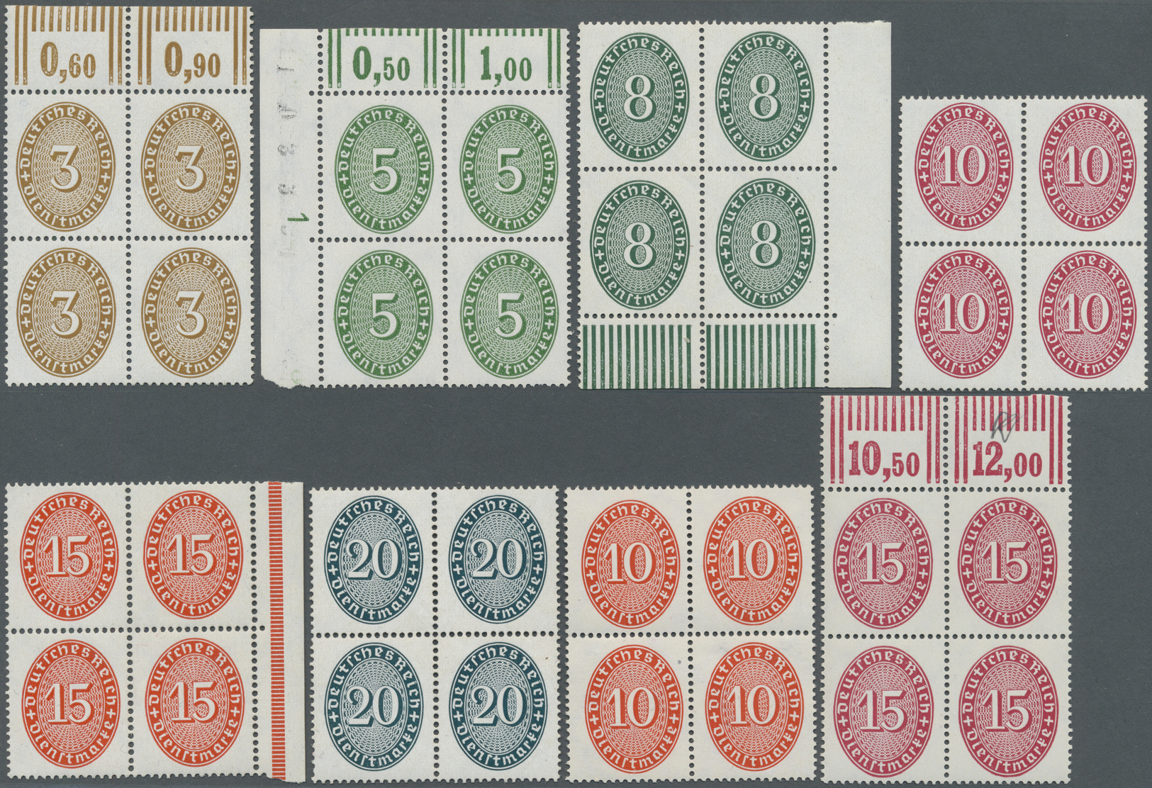 ** Deutsches Reich - Dienstmarken: 1927/1933, 3 Pf Ocker Bis 10 Pf Siena (ohne 120/22) Je Im 4er-Block - Service