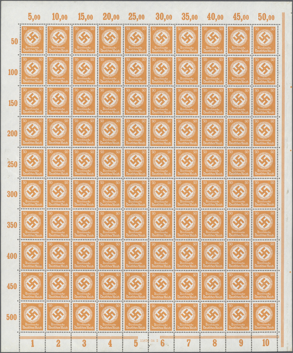 ** Deutsches Reich - Dienstmarken: 1934/1938, 50 Pf Gelborange In 2 Originalbogen Postfrisch, Mi 1.200. - Service