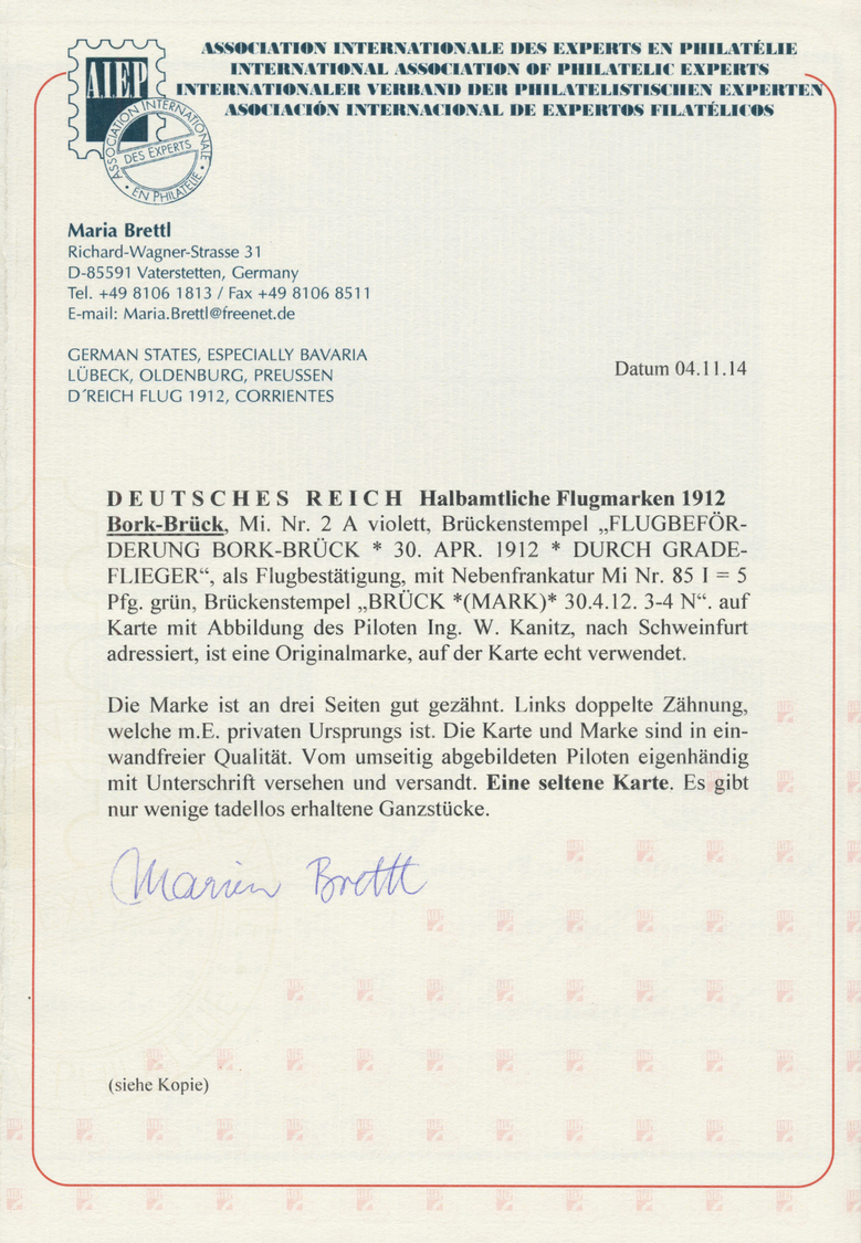 Deutsches Reich - Halbamtliche Flugmarken: 1912, BORK-BRÜCK, Gezähnte Flugmarke Und 5 Pf Germania Au - Luchtpost & Zeppelin