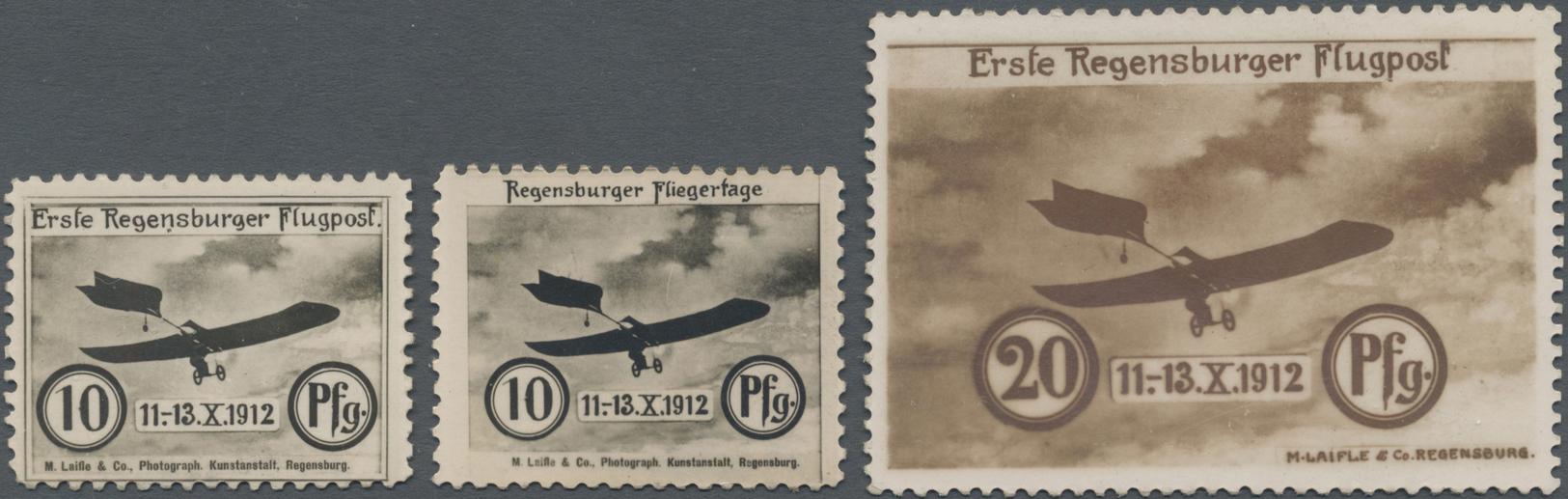 ** Deutsches Reich - Halbamtliche Flugmarken: 1912, Flugmarken: Regensburger Fliegertage, 3 Werte, Zahn - Posta Aerea & Zeppelin