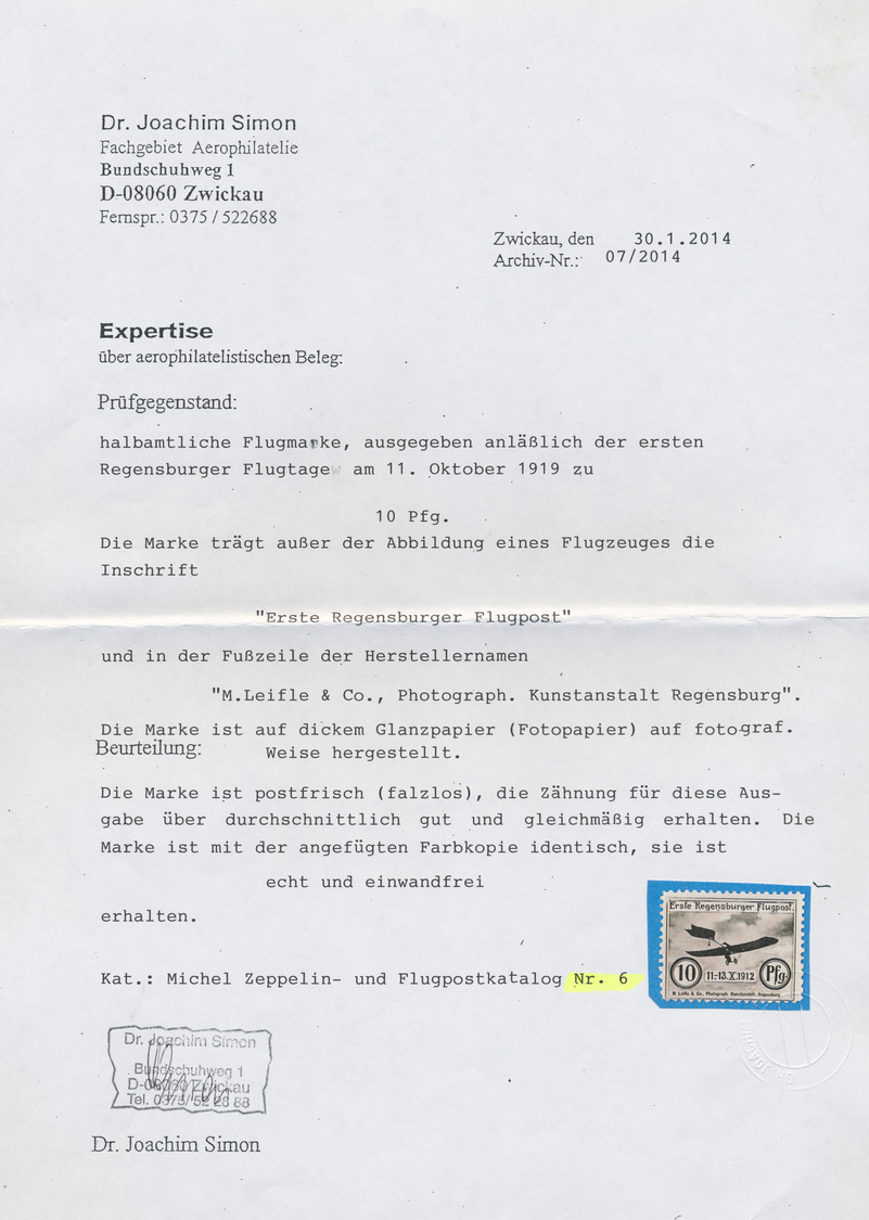 ** Deutsches Reich - Halbamtliche Flugmarken: 1912, Flugmarken: Regensburger Fliegertage, 3 Werte, Zahn - Posta Aerea & Zeppelin