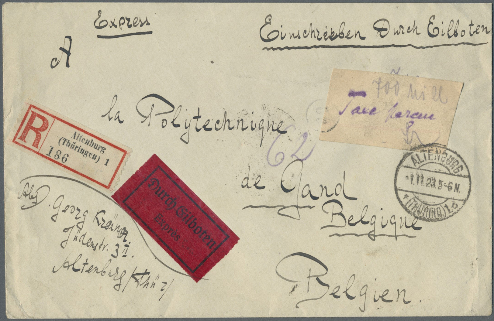 Br Deutsches Reich - Lokalausgaben 1918/23: ALTENBURG (Thüringen): 1923, Gebührenzettel "Taxe Percue" A - Lettres & Documents