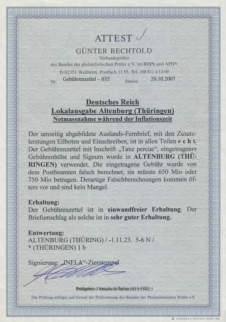 Br Deutsches Reich - Lokalausgaben 1918/23: ALTENBURG (Thüringen): 1923, Gebührenzettel "Taxe Percue" A - Lettres & Documents