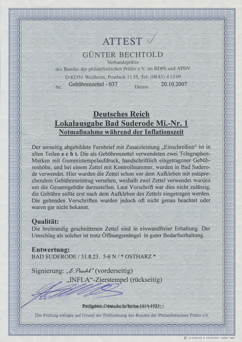 Br Deutsches Reich - Lokalausgaben 1918/23: BAD SUDERODE (OSTHARZ): 1923, Telegrammverschlußmarke Als G - Lettres & Documents