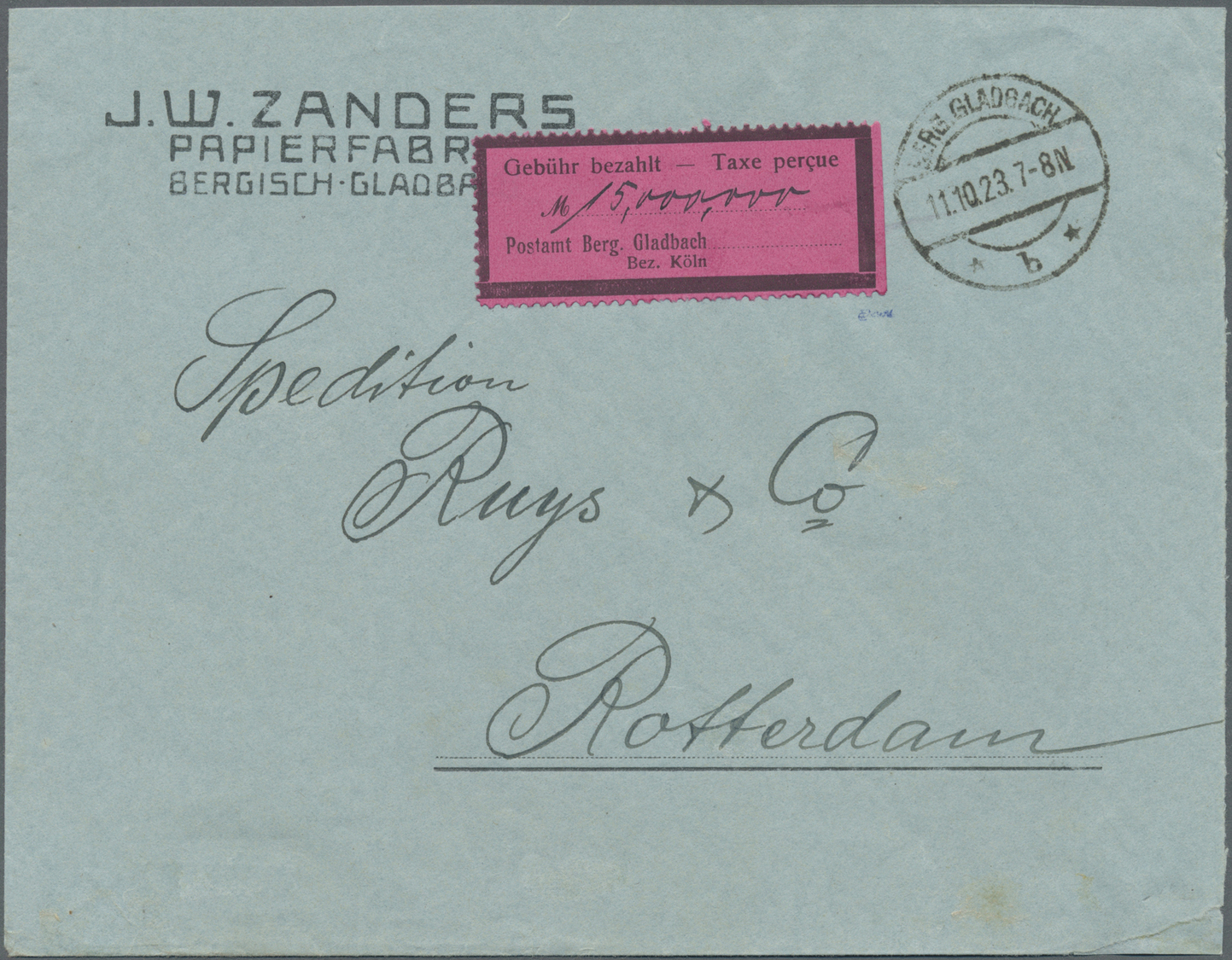 Br Deutsches Reich - Lokalausgaben 1918/23: BERGISCH-GLADBACH: 1923, Gebührenzettel, Dreiseitig Gezähnt - Lettres & Documents