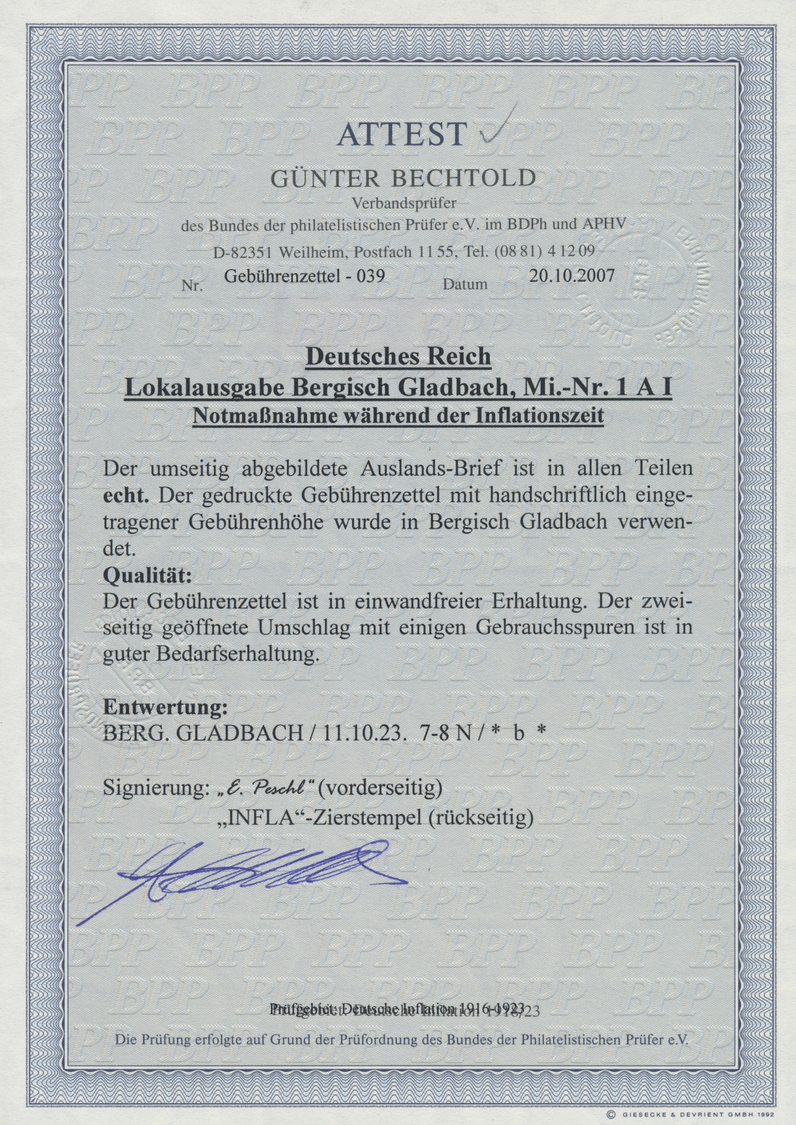 Br Deutsches Reich - Lokalausgaben 1918/23: BERGISCH-GLADBACH: 1923, Gebührenzettel, Dreiseitig Gezähnt - Lettres & Documents