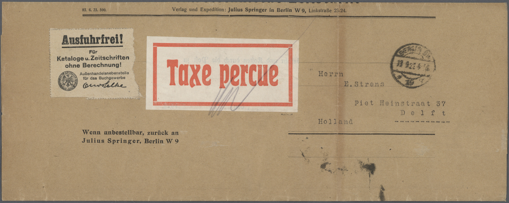 Br Deutsches Reich - Lokalausgaben 1918/23: BERLIN SW 19: 1923, Gebührenzettel (a. 92 X 45 Mm) "Taxe Pe - Brieven En Documenten