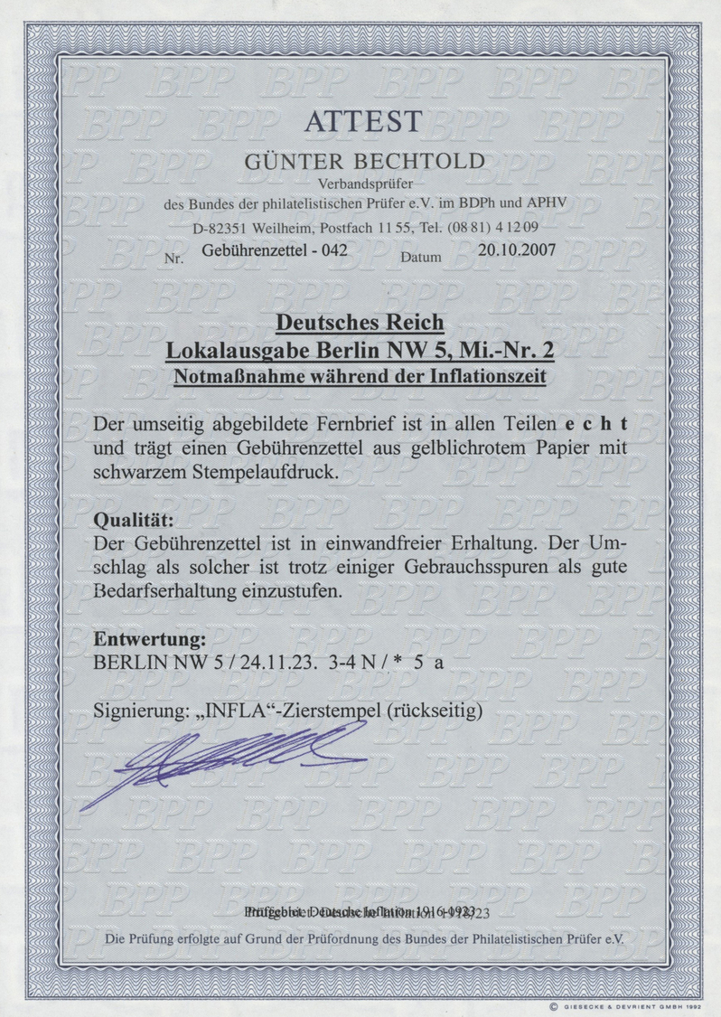 Br Deutsches Reich - Lokalausgaben 1918/23: BERLIN NW 5: 1923, Gebührenzettel Mit Schwarzem Handstempel - Lettres & Documents