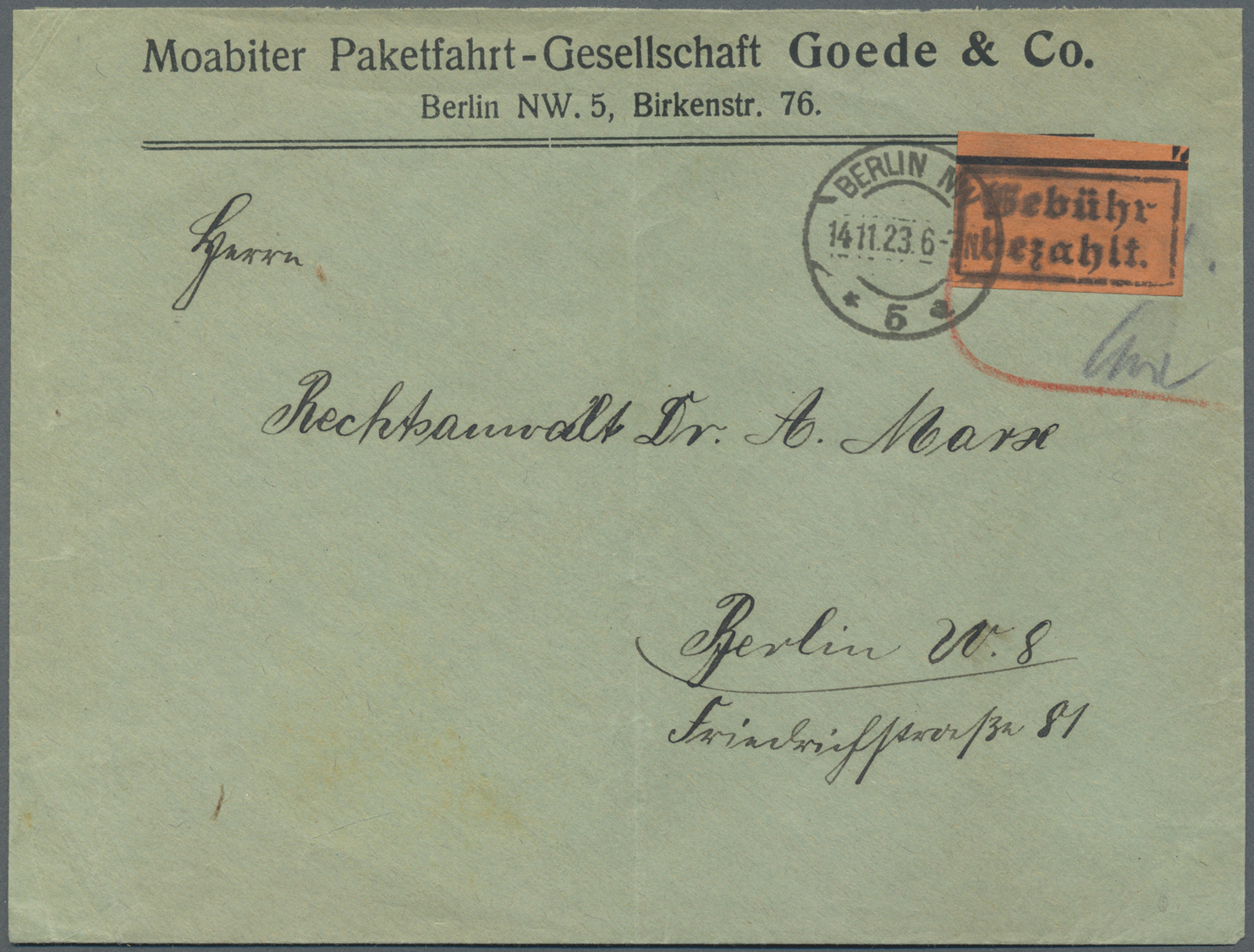 Br Deutsches Reich - Lokalausgaben 1918/23: BERLIN NW 5: 1923, Gebührenzettel Auf Orangefarbenem Papier - Brieven En Documenten