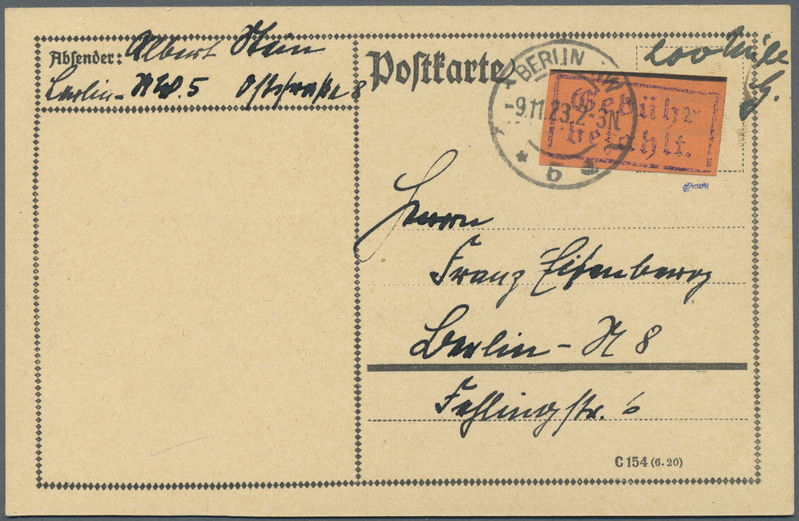 Br Deutsches Reich - Lokalausgaben 1918/23: BERLIN NW 5: 1923, Gebührenzettel Auf Orangefarbenem Papier - Lettres & Documents