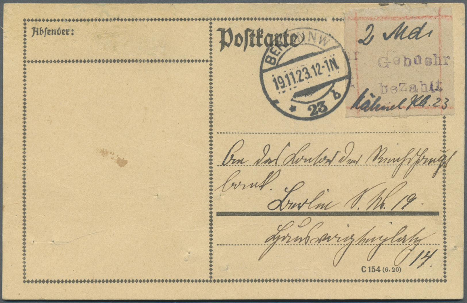 Br Deutsches Reich - Lokalausgaben 1918/23: BERLIN NW 23: 1923, Gebührenzettel Mit Schwarzem Gummistemp - Lettres & Documents