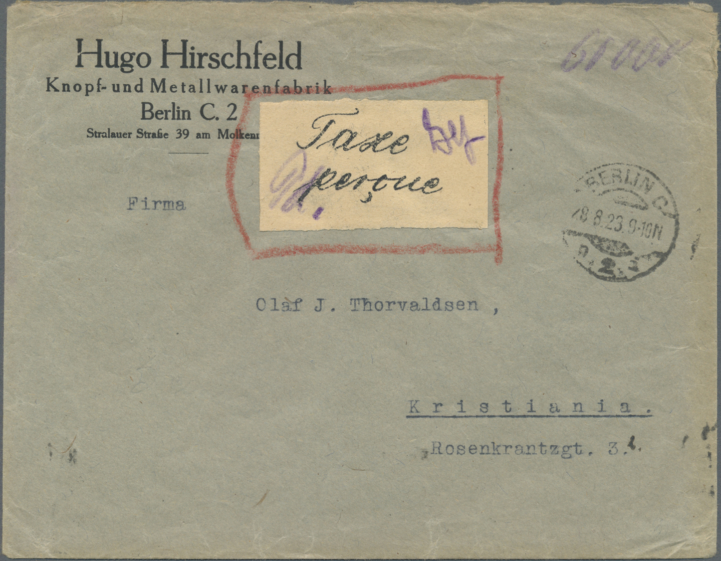 Br Deutsches Reich - Lokalausgaben 1918/23: BERLIN C 2: 1923, Gebührenzettel "Taxe Percue" Mit Handschr - Brieven En Documenten