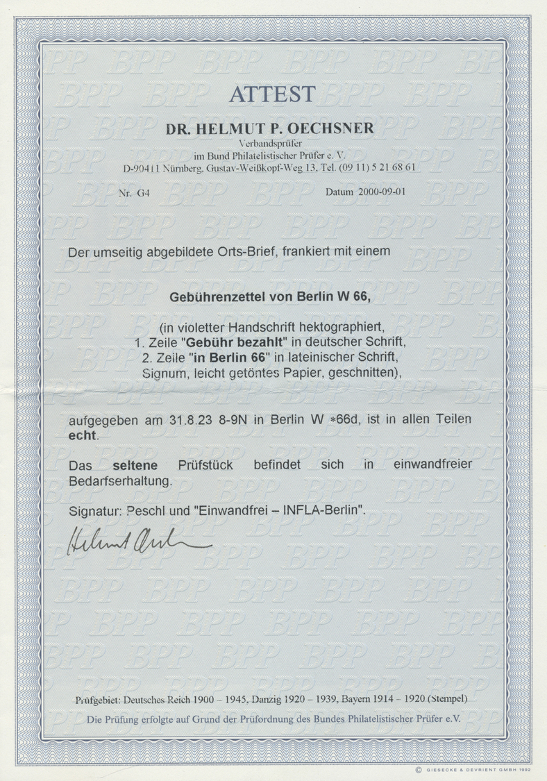 Br Deutsches Reich - Lokalausgaben 1918/23: BERLIN W 66: 1923, Gebührenzettel Mit Handschriftlichem Ein - Lettres & Documents