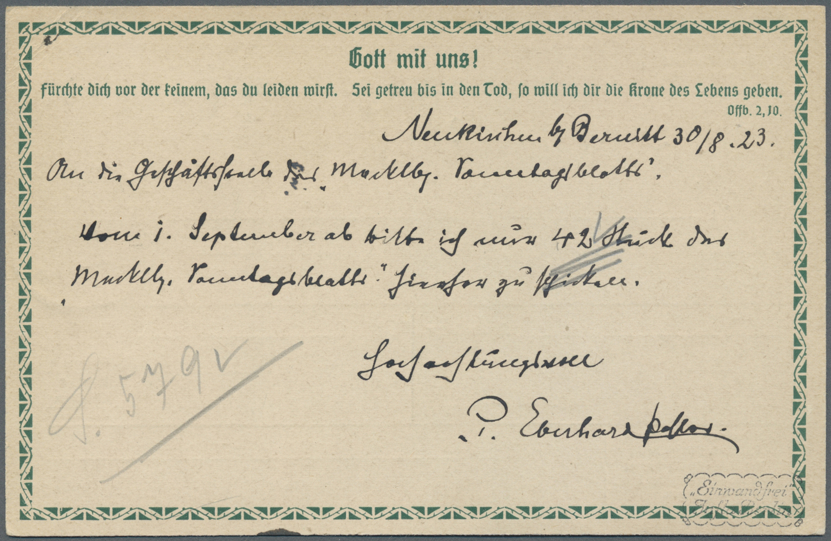 Br Deutsches Reich - Lokalausgaben 1918/23: BERNITT: 1923, Gebührenzettel Mit Karminrotem Kastenstempel - Lettres & Documents