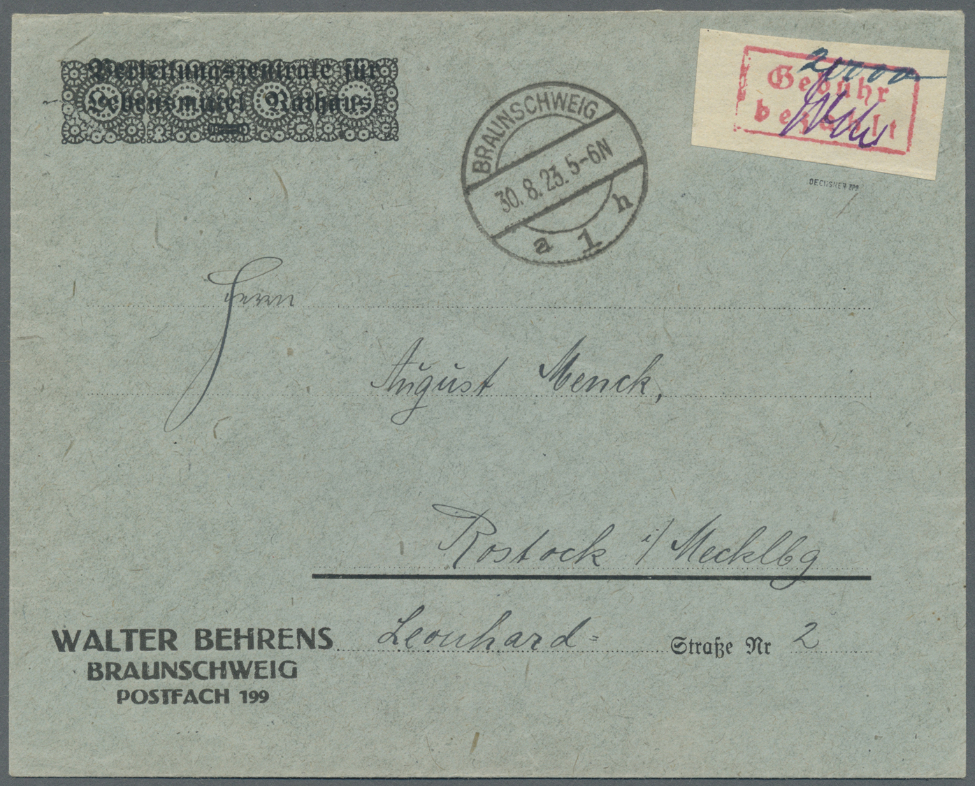 Br Deutsches Reich - Lokalausgaben 1918/23: BRAUNSCHWEIG: 1923, Gebührenzettel Geschnitten Mit Rotem Ra - Lettres & Documents