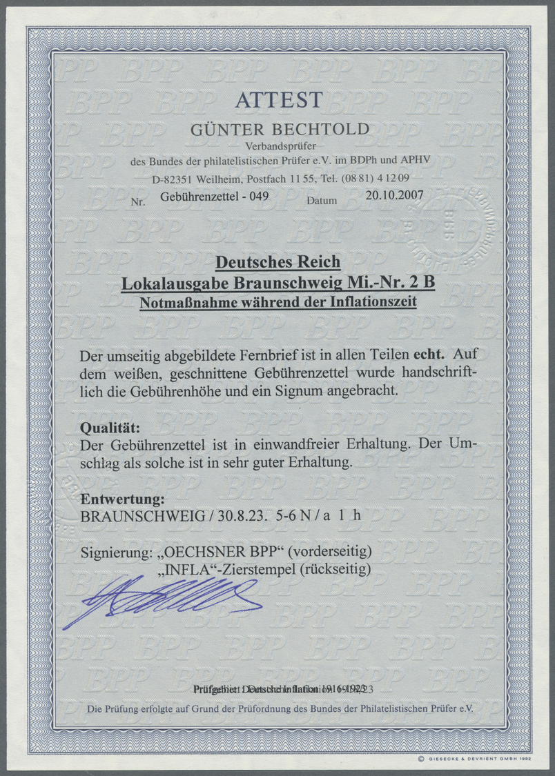 Br Deutsches Reich - Lokalausgaben 1918/23: BRAUNSCHWEIG: 1923, Gebührenzettel Geschnitten Mit Rotem Ra - Lettres & Documents