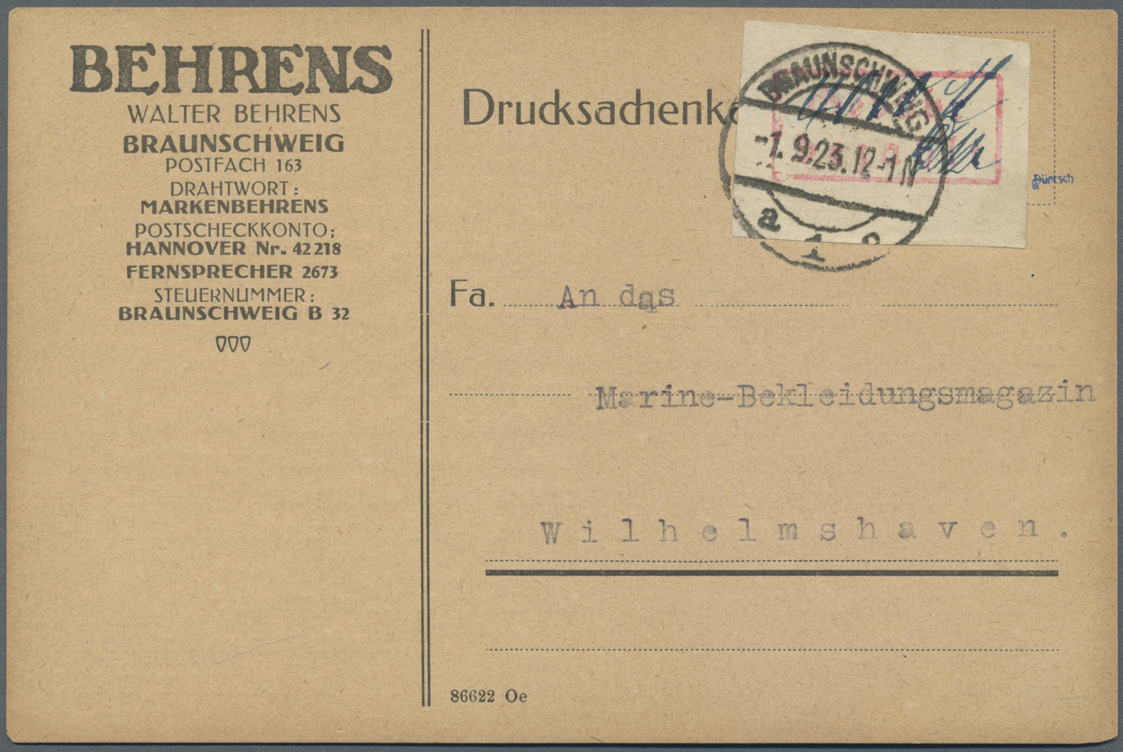 Br Deutsches Reich - Lokalausgaben 1918/23: BRAUNSCHWEIG: 1923, Gebührenzettel Mit Rotem Ra2 "Gebühr Be - Lettres & Documents