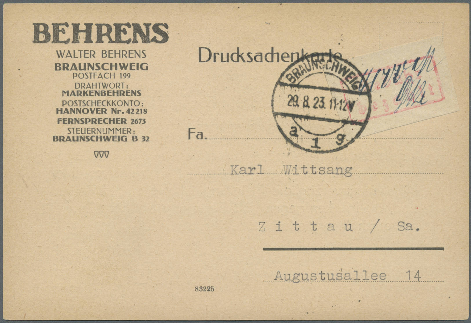 Br Deutsches Reich - Lokalausgaben 1918/23: BRAUNSCHWEIG: 1923, Gebührenzettel Geschnitten Mit Rotem Ra - Lettres & Documents