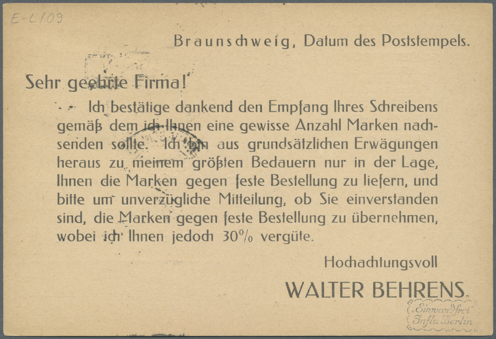 Br Deutsches Reich - Lokalausgaben 1918/23: BRAUNSCHWEIG: 1923, Gebührenzettel Geschnitten Mit Rotem Ra - Brieven En Documenten