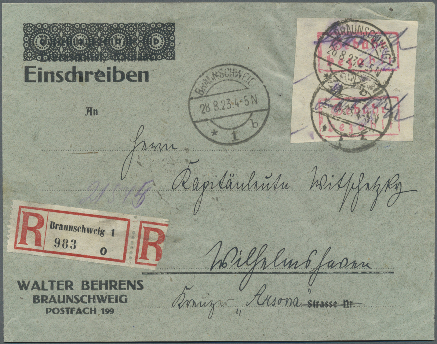 Br Deutsches Reich - Lokalausgaben 1918/23: BRAUNSCHWEIG: 1923, Gebührenzettel "Gebühr Bezahlt" Auf Wei - Brieven En Documenten