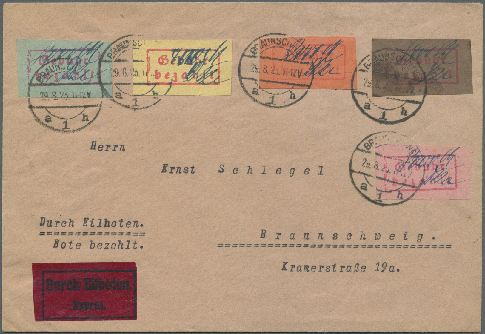 Br Deutsches Reich - Lokalausgaben 1918/23: BRAUNSCHWEIG: 1923, Gebührenzettel Mit Rotem Ra2 "Gebühr Be - Brieven En Documenten