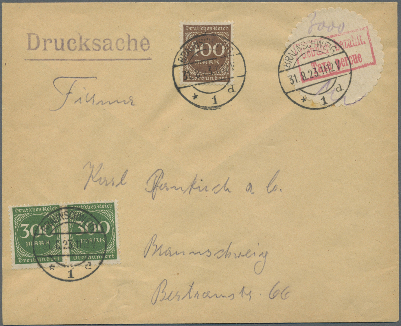 Br Deutsches Reich - Lokalausgaben 1918/23: BRAUNSCHWEIG 1: 1923, Gebührenzettel-Oblate Mit Rotem Ra2 " - Brieven En Documenten
