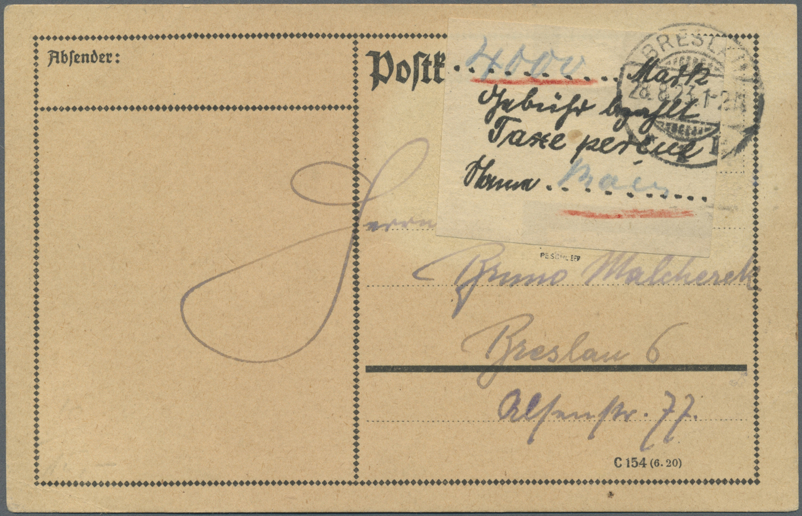 Br Deutsches Reich - Lokalausgaben 1918/23: BRESLAU 1: 1923, Gebührenzettel Auf Weißem Papier "... Mark - Lettres & Documents