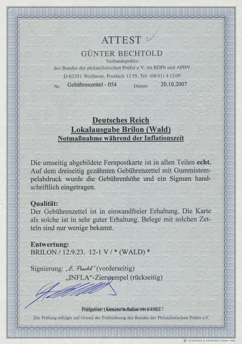 Br Deutsches Reich - Lokalausgaben 1918/23: BRILON (WALD): 1923, Gebührenzettel Mit Violettem L2 "GEBÜH - Brieven En Documenten