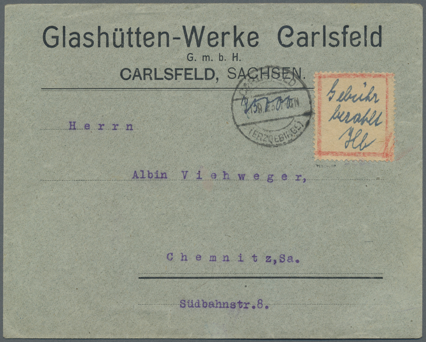 Br Deutsches Reich - Lokalausgaben 1918/23: CARLSFELD (ERZGEBIRGE): 1923, Gebührenzettel Mit Handschrif - Brieven En Documenten