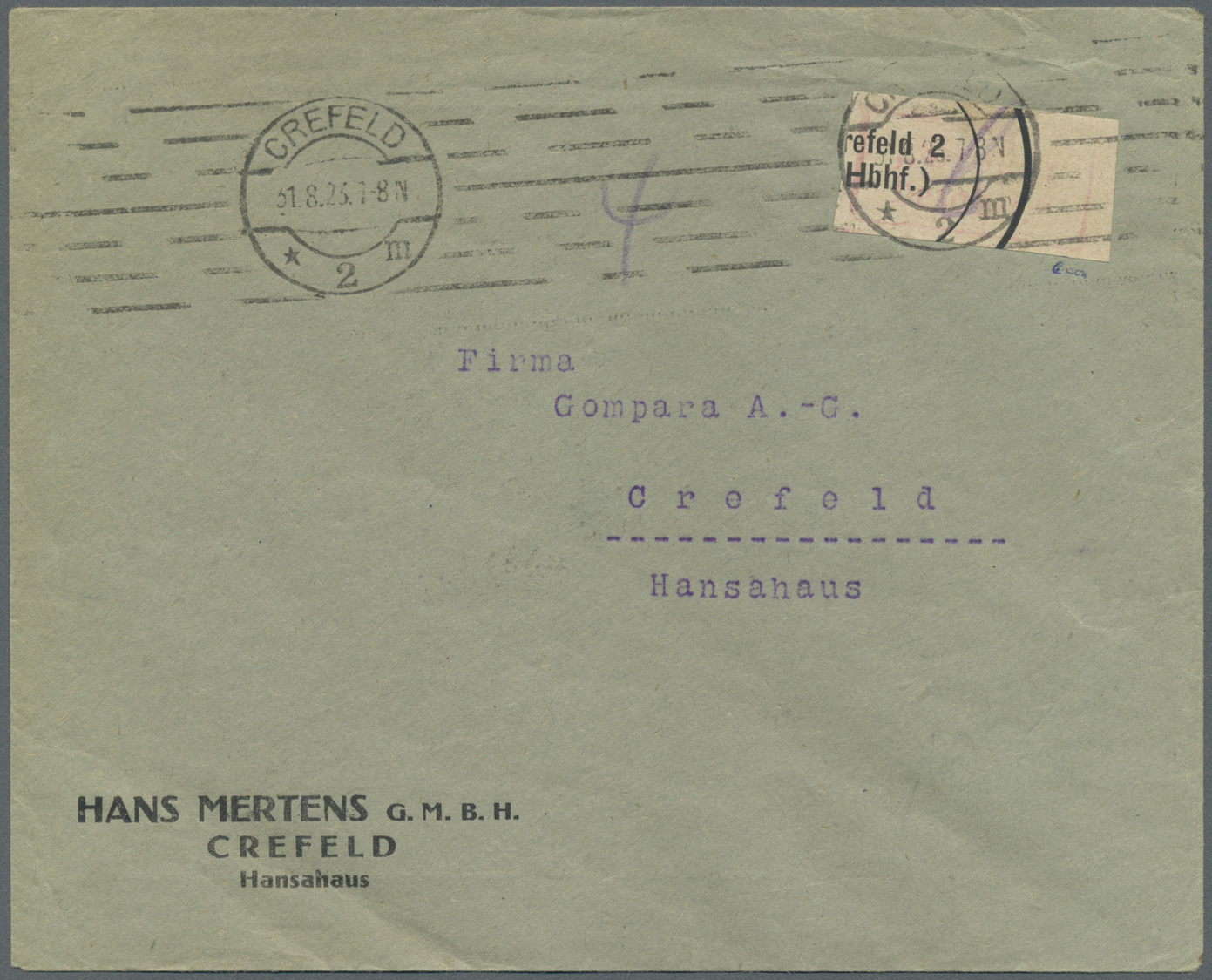 Br Deutsches Reich - Lokalausgaben 1918/23: CREFELD 2: 1923, Postsackverschlusszettel Als Gebührenzette - Lettres & Documents