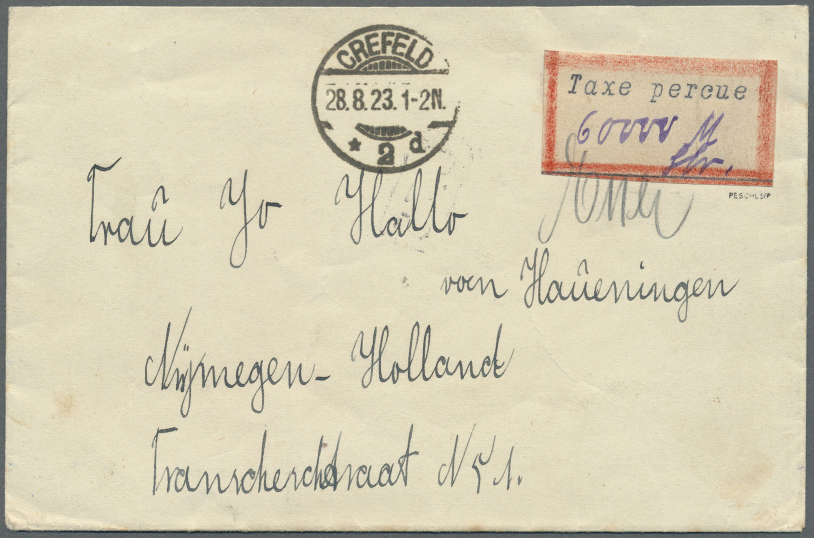 Br Deutsches Reich - Lokalausgaben 1918/23: CREFELD 2: 1923, Gebührenzettel "Taxe Percue" Mit Roter Umr - Lettres & Documents