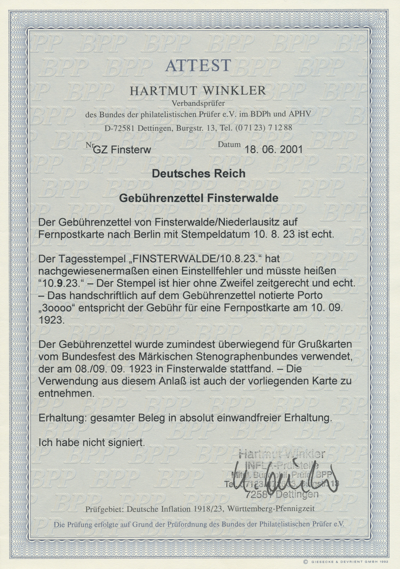 Br Deutsches Reich - Lokalausgaben 1918/23: FINSTERWALDE (NIEDERLAUSITZ): 1923, Gebührenzettel Mit Hand - Lettres & Documents