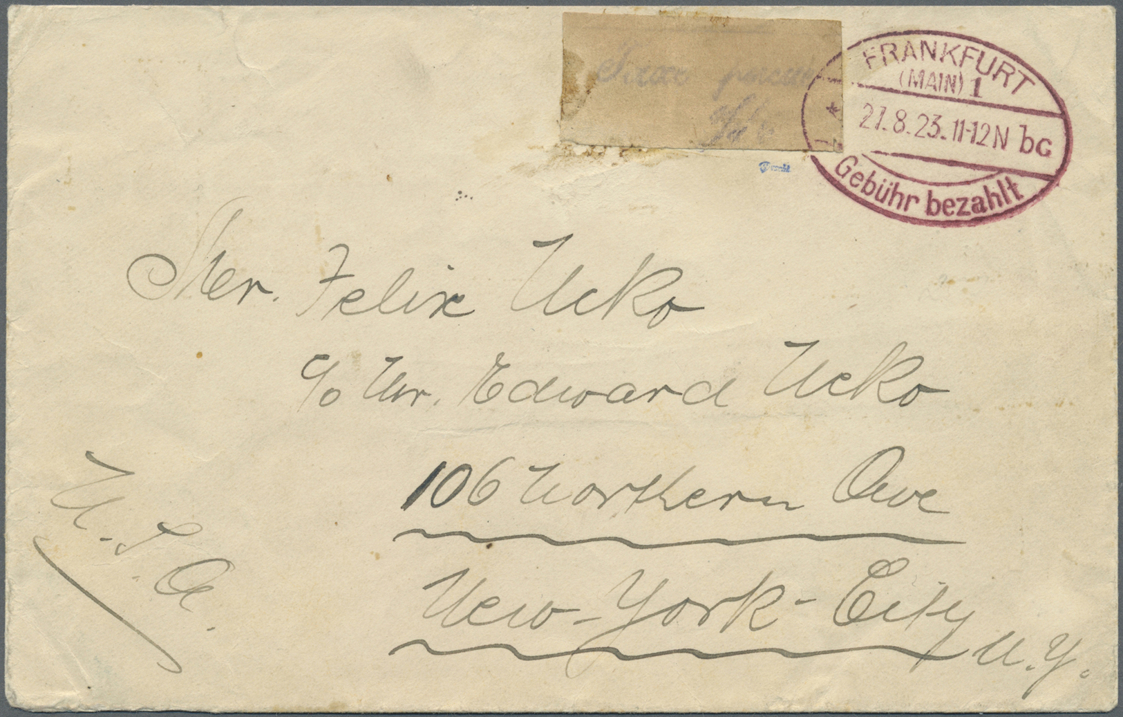 Br Deutsches Reich - Lokalausgaben 1918/23: FRANKFURT (MAIN) 1: 1923, Gebührenzettel ""Taxe Percue" Ohn - Lettres & Documents
