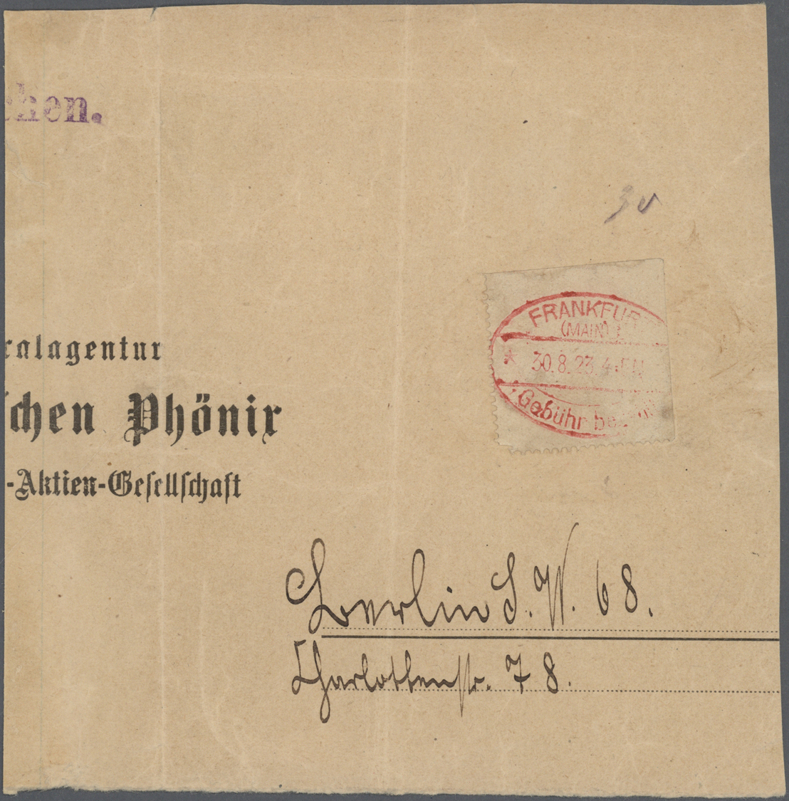 Brfst Deutsches Reich - Lokalausgaben 1918/23: FRANKFURT (MAIN) 1: 1923, Gebührenzettel, Zweiseitig Gezähn - Lettres & Documents