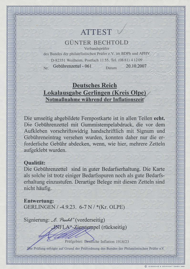 Br Deutsches Reich - Lokalausgaben 1918/23: GERLINGEN (KREIS OLPE): 1923, Gebührenzettel Mit Violettem - Lettres & Documents