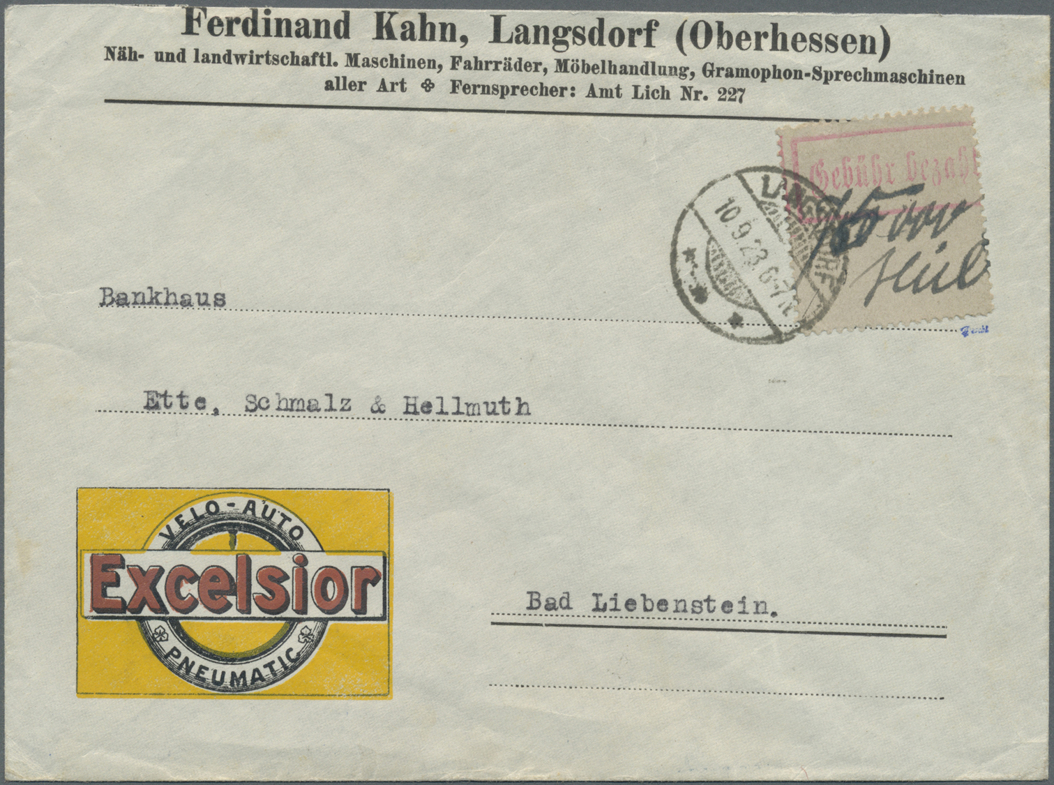 Br Deutsches Reich - Lokalausgaben 1918/23: GIESSEN 1: 1923, Gebührenzettel Mit Rotem Einzeiler "Gebühr - Lettres & Documents