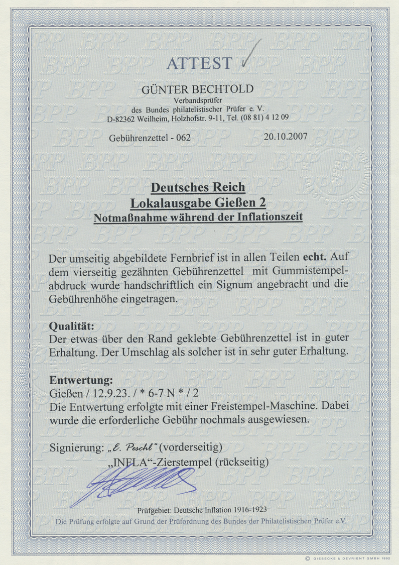 Br Deutsches Reich - Lokalausgaben 1918/23: GIESSEN 2: 1923, Gebührenzettel Mit Rotem Ra2 "Gebühr Bezah - Brieven En Documenten