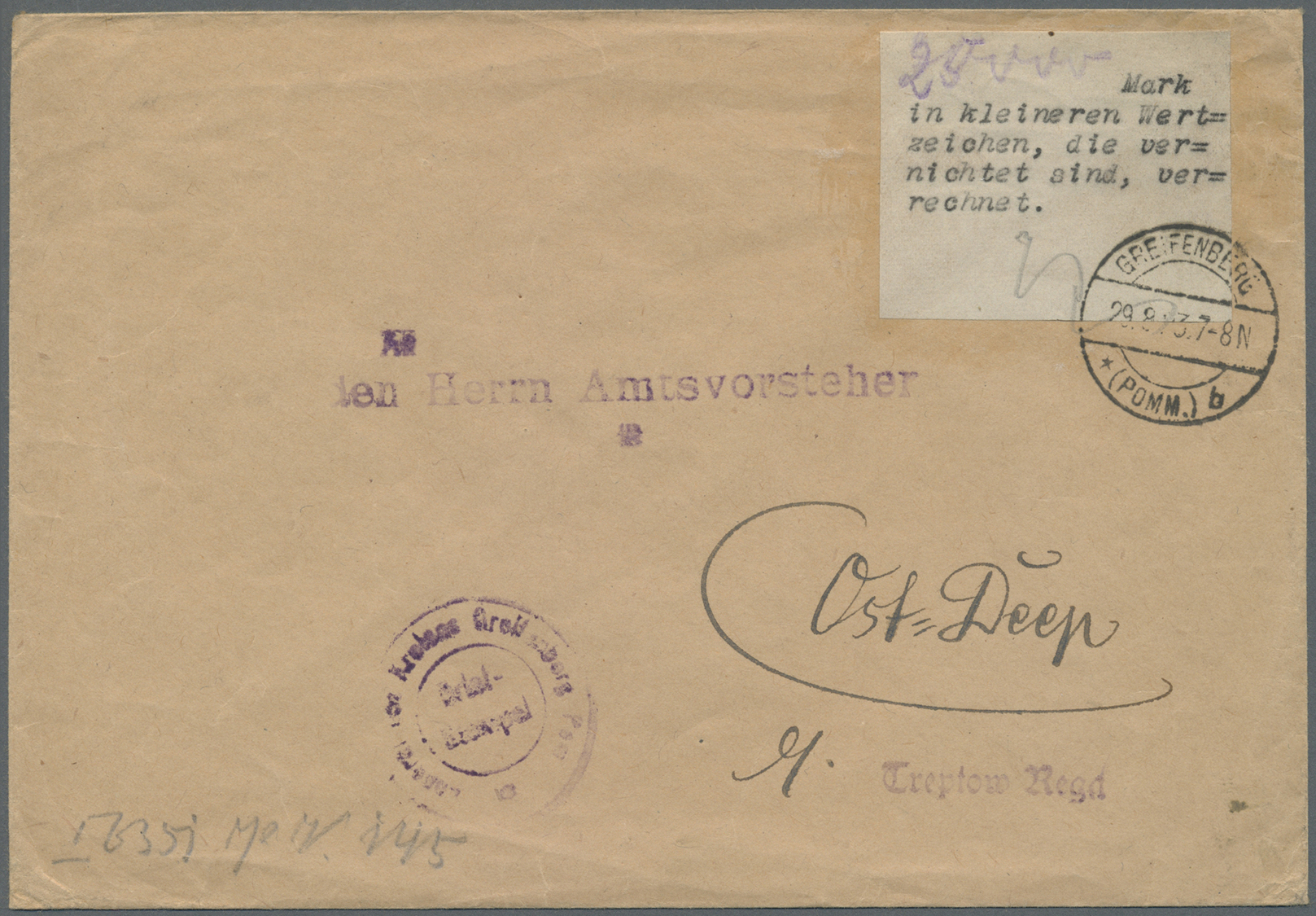 Br Deutsches Reich - Lokalausgaben 1918/23: GREIFENBERG (POSMMERN): 1923, Gebührenzettel Mit Schreibmas - Lettres & Documents