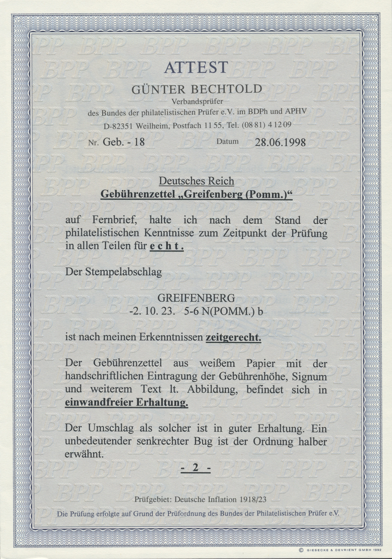 Br Deutsches Reich - Lokalausgaben 1918/23: GREIFENBERG (POMMERN): 1923, Gebührenzettel Mit Schreibmasc - Lettres & Documents