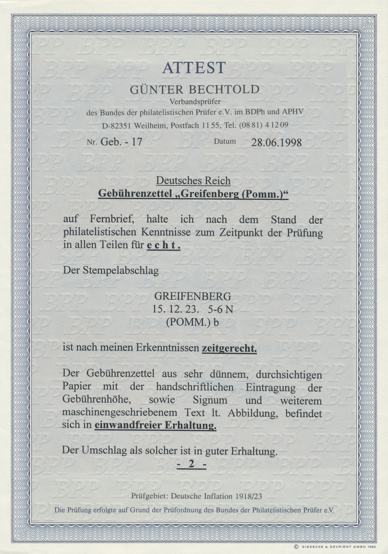 Br Deutsches Reich - Lokalausgaben 1918/23: GREIFENBERG (POMMERN): 1923, Gebührenzettel Mit Schreibmasc - Lettres & Documents